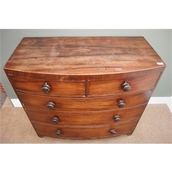  Early 19th century mahogany bow front chest, two short and three long drawers on bracket feet, W106cm, H69cm, D53cm  