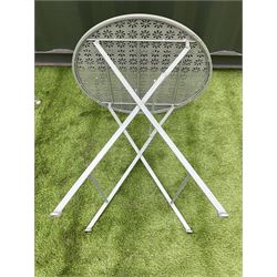 Green painted garden bistro table, and two chairs - THIS LOT IS TO BE COLLECTED BY APPOINTMENT FROM DUGGLEBY STORAGE, GREAT HILL, EASTFIELD, SCARBOROUGH, YO11 3TX