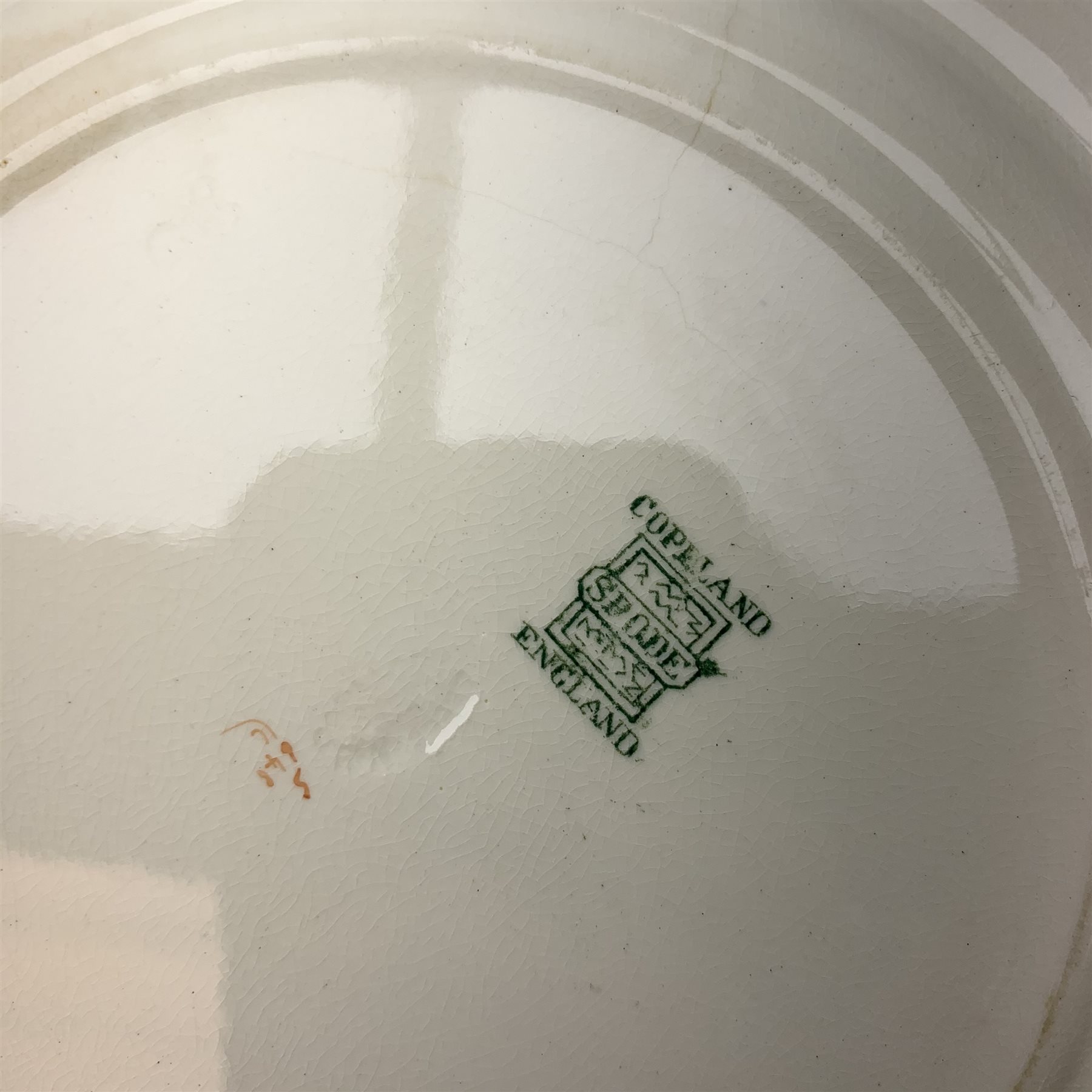 A Copeland Spode fish service, comprising twelve plates, oval serving platter, tureen and cover and sauce jug and stand, platter L46.5cm.