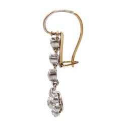 Pair of early 20th century gold and silver milgrain set old cut diamond cluster pendant earrings, total diamond weight approx 1.00 carat