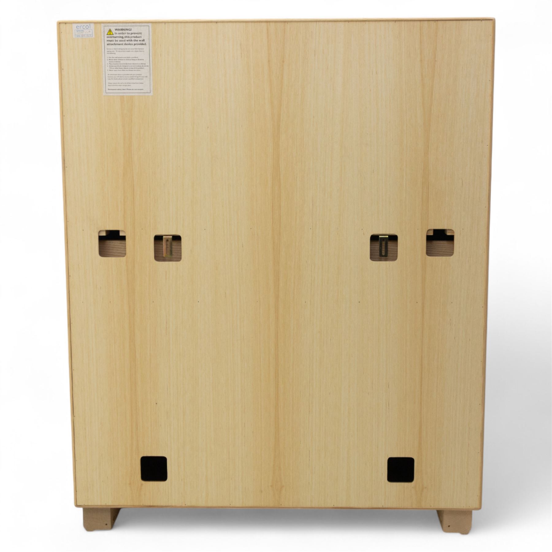 Ercol - light elm bureau, fitted with fall-front writing surface revealing adjustable shelving, above a single long drawer and twin cupboard doors, on plinth base