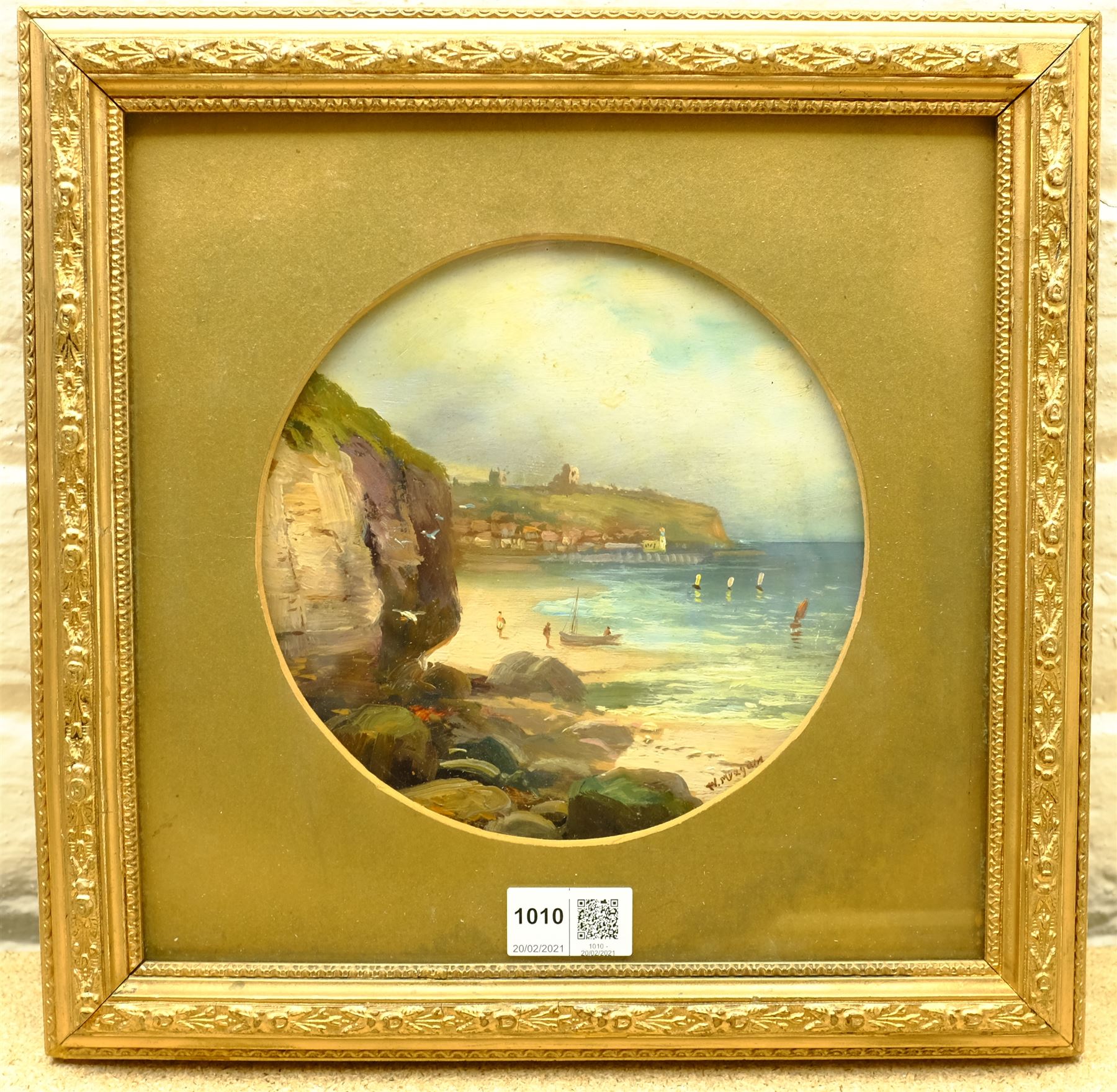 Walter Linsley Meegan (British c1860-1944): Scarborough from White Nab, circular oil on board signed 18cm diameter