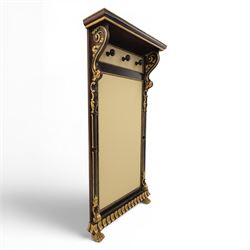 Empire design ebonised and parcel gilt hall stand, projecting moulded cornice with bead and reel border, upper rail fitted with three turned hat and coat pegs, central cream upholstered panel within beaded slip, flanked by scrolled uprights with gilt foliate and anthemion mounts, lower acanthus leaf apron, on paw feet