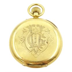 Edwardian 18ct gold half hunter keyless lever pocket watch by Manoah Rhodes & Sons Ltd, Bradford, No. 14478, white enamel dial with Roman numerals and subsidiary seconds dial, back case with engraved monogrammed initials, case makers mark JG, London 1905