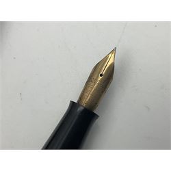 Group of Waterman pens and propelling pencils, to include a fountain pen, the black barrel with rolled gold cap and nib stamped 14ct, together with a matching propelling pencil, in box, together with a further fountain pen with gold nib stamped 14ct, stainless steel fountain pen and rollerball set in box, propelling pencil with maroon barrel etc, largest L13cm (7)