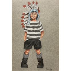 Brian Shields 'Braaq' (Northern British 1951-1997): Self Portrait as a Young Boy with Native American Headdress, pastel signed 24cm x 16cm