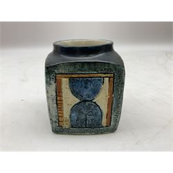 Troika cube vase, designed by Sally Bart, with a geometric design, with painted marks to base, H9.5cm.