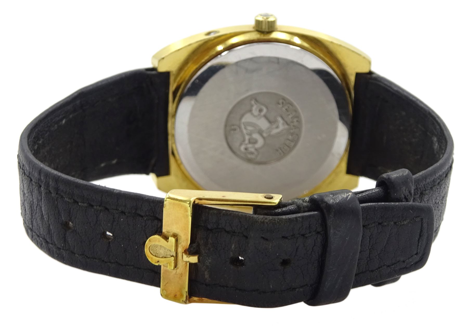 Omega Seamaster gentleman's gold-plated quartz wristwatch, Cal. 1345, on black leather strap with original buckle