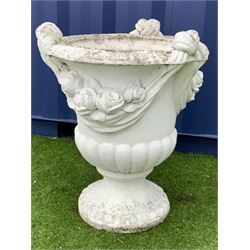 White painted composite stone garden urn planter, the body decorated with flower head swags, gadroon moulded underside - THIS LOT IS TO BE COLLECTED BY APPOINTMENT FROM DUGGLEBY STORAGE, GREAT HILL, EASTFIELD, SCARBOROUGH, YO11 3TX