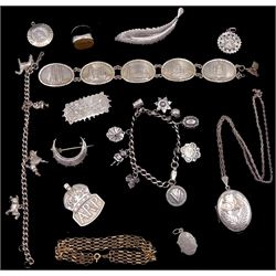 Silver bracelet with Victorian and later charms, silver London Landmarks link bracelet by Lonwick Industries Ltd, London 1945, Victorian silver crescent brooch, 9ct gold bracelet, silver locket, leaf brooch 'A.R.P' brooch and other vintage and later jewellery