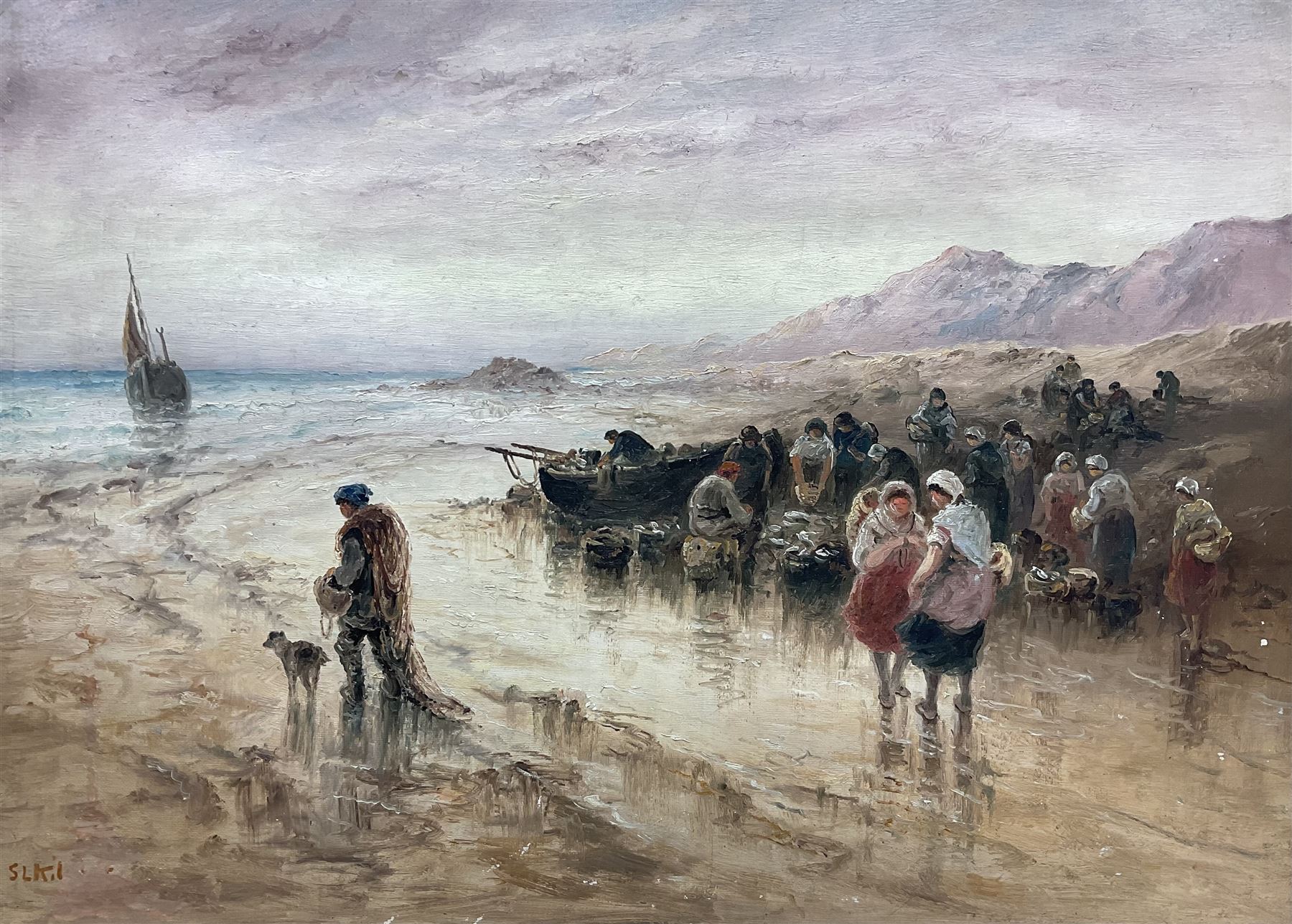 Sarah Louisa Kilpack (British 1839-1909): 'Selling Fish on the Shore - Boulogne', oil on canvas signed, titled verso 40cm x 55cm