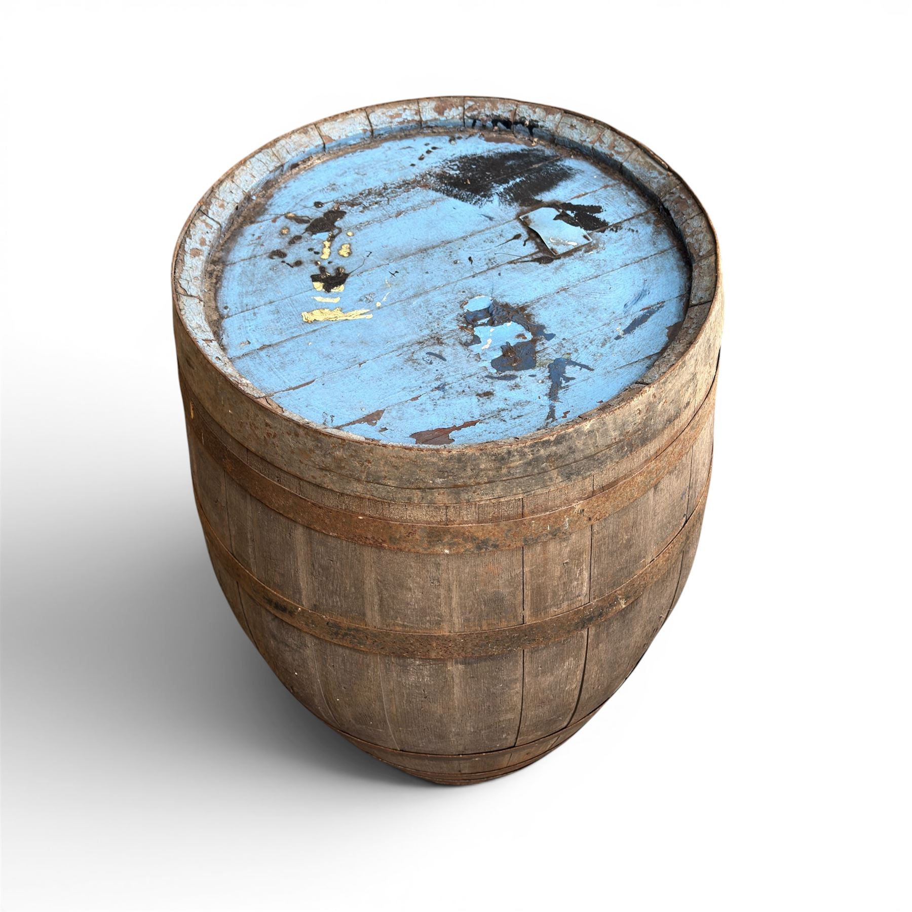 Vintage oak and metal bound whiskey barrel