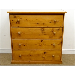  Solid pine chest of four drawers, plinth base, W108cm, H107cm, D48cm  