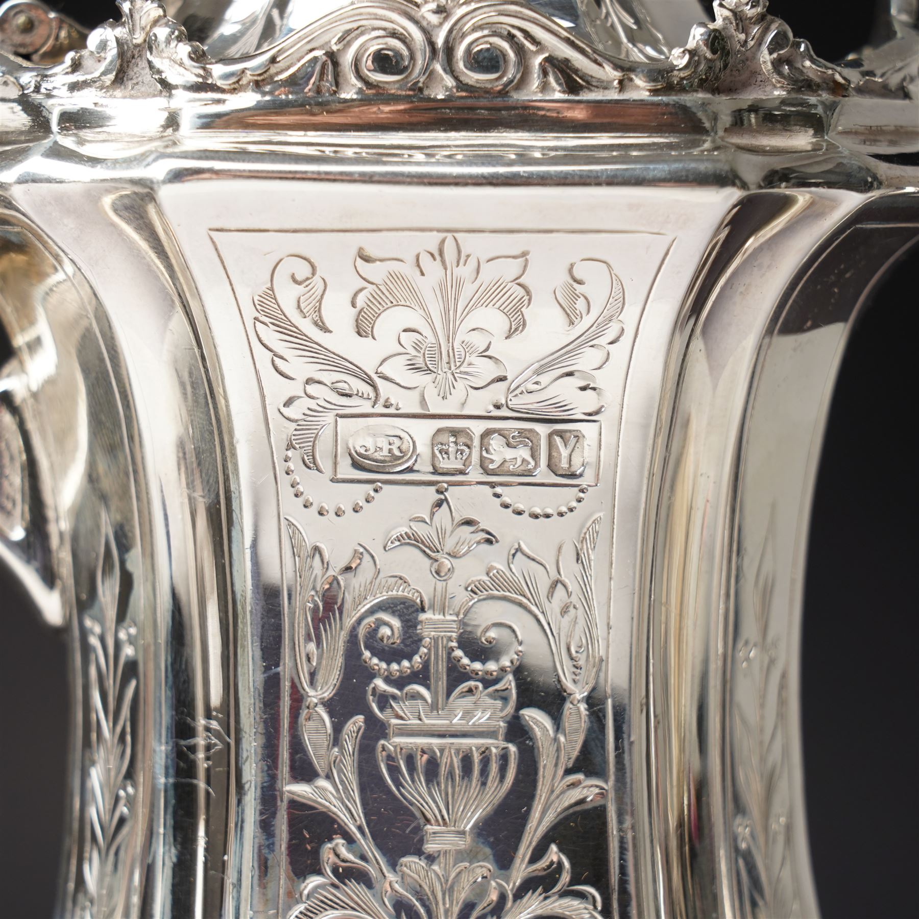 Victorian silver tea and coffee set engraved with classical urns, oval paterae and scrolling foliage, monogram and 'Diligentia et Honore' comprising teapot, tea kettle on spirit heater stand, coffee pot, two handled sugar bowl and cream jug Sheffield 1891 Maker John Round & Son Ltd