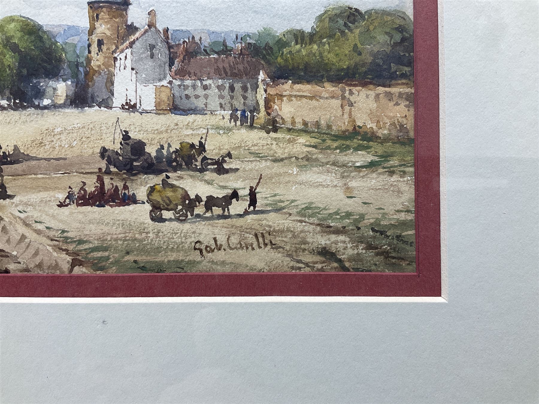 Gabriele Carelli (Italian c.1820-1900): Unloading on the River Quay with a Steam Train crossing the Viaduct in the Distance, watercolour signed 13cm x 35cm