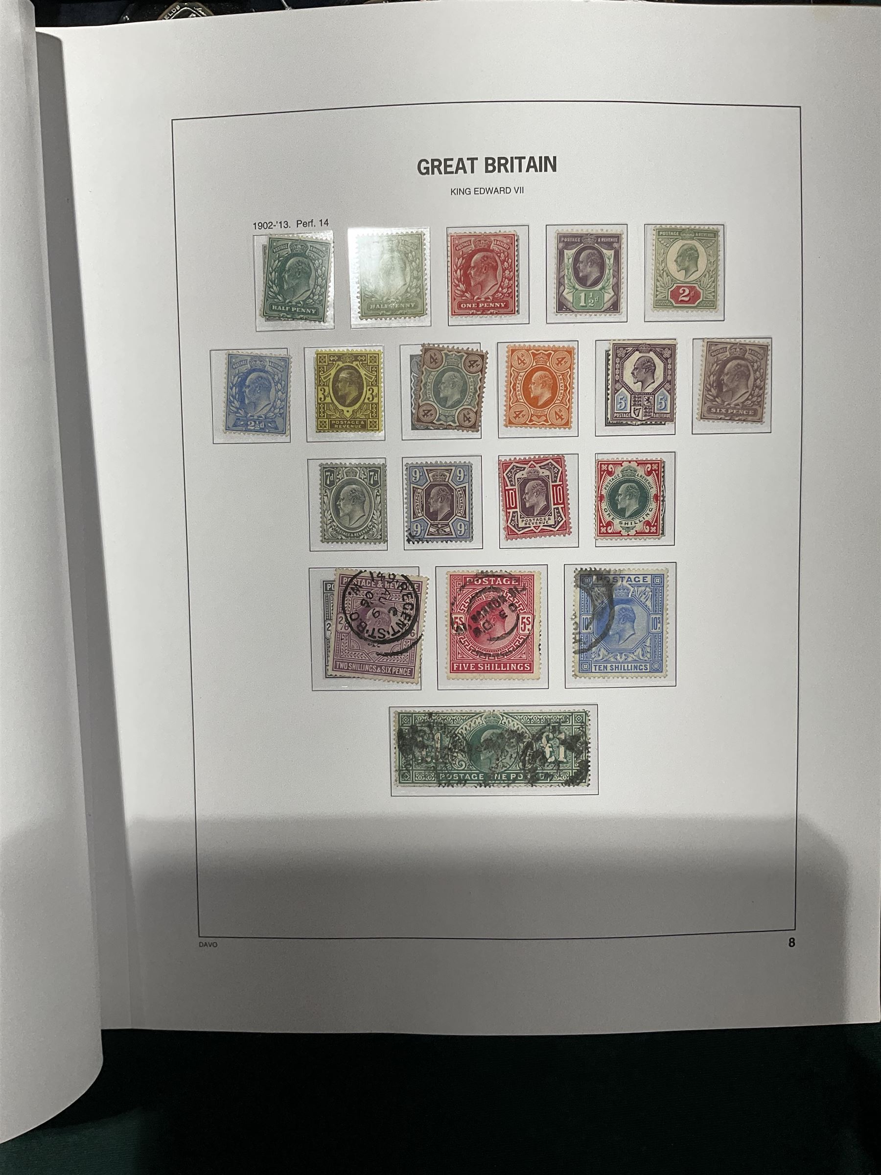 Extensive single album collection of Great British Queen Victoria and later stamps, including QV penny black with three margins, 1840 two pence blue, perf two pence blues with white lines added, QV one pound brown lilac, QV one pound green, King George V seahorses, 1929 Postal Union Congress one pound black, King George VI 1939-48 set of six with ten shillings dark blue, Queen Elizabeth II pre-decimal issues, housed in a Stanley Gibbons Great Britain 2001 album, a well presented collection with few ommissions