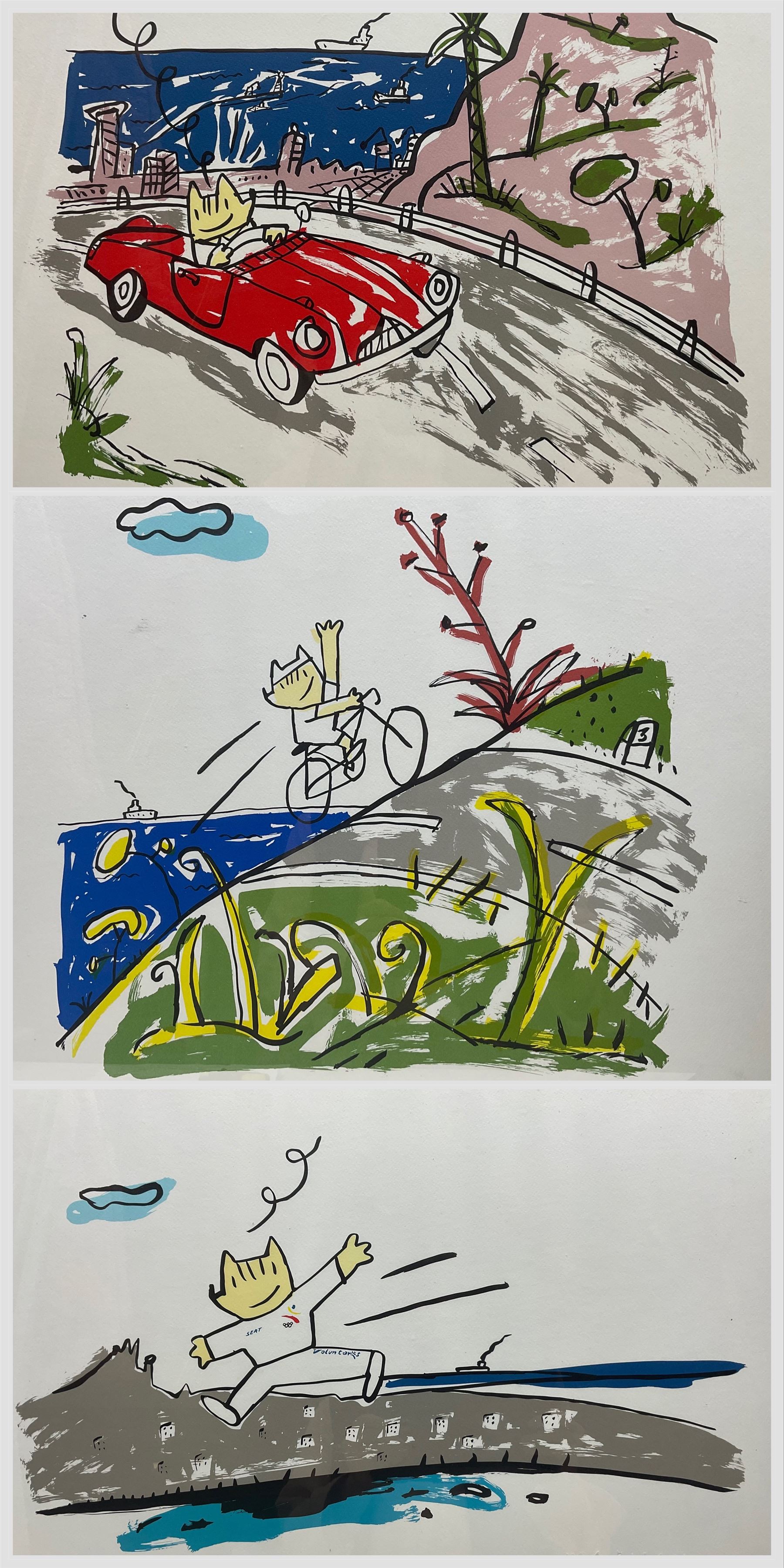 Javier Mariscal (Spanish 1950-): Cobi in Barcelona, set of three limited edition serigraphs embossed with signature and numbered 568, 500 and 581/700 in pencil max 50cm x 60cm 
Notes: Commissioned by SEAT in 1989 on the occasion of the Barcelona 1992 Olympic Games.