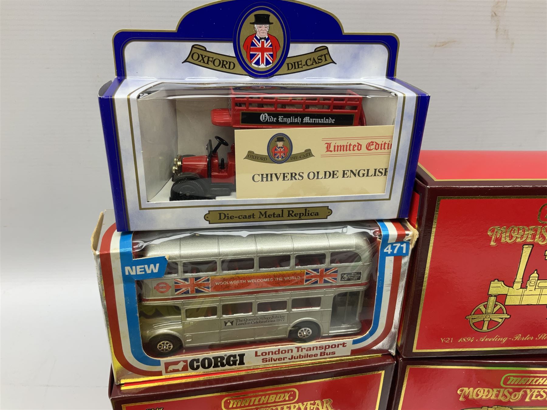 Three boxed Matchbox Models of Yesteryear models, boxed Corgi Silver Jubilee Bus, Matchbox Superkings Daf car transporter, other loose die-cast models to include Lledo, Corgi Classics etc