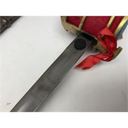 Reproduction Scottish officers basket hilt broad sword, the brass basket pierced with heart-shaped motifs lined with red lining, together with a reproduction Japanese Katana sword, longest L110cm
