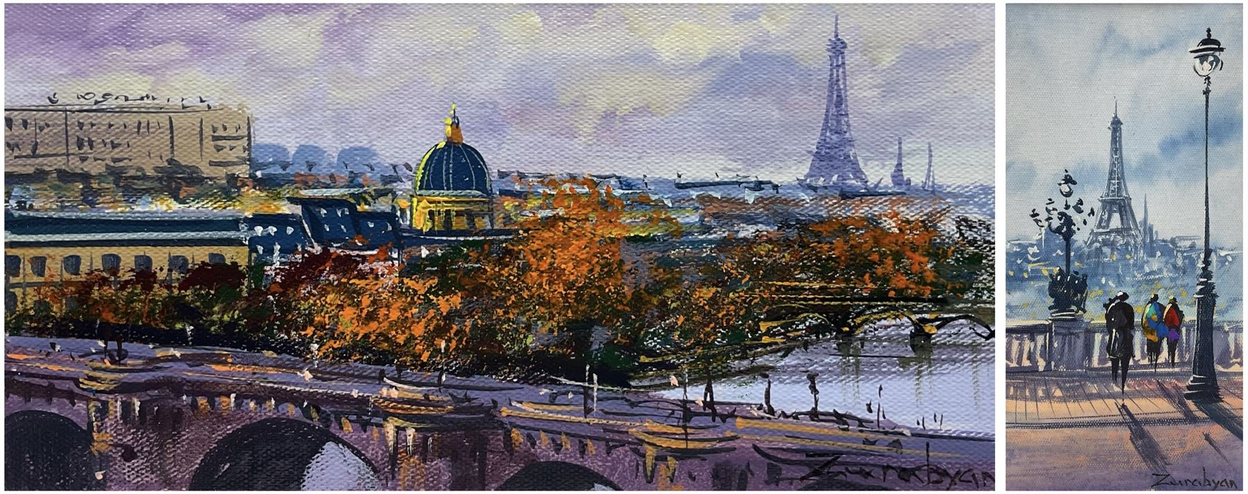 Arthur Zurabyan (20th century): 'Paris' with the Eiffel Tower in the distance,  pair oils on canvas signed, titled and dated 2021 on the mount 20cm x 10cm (2)