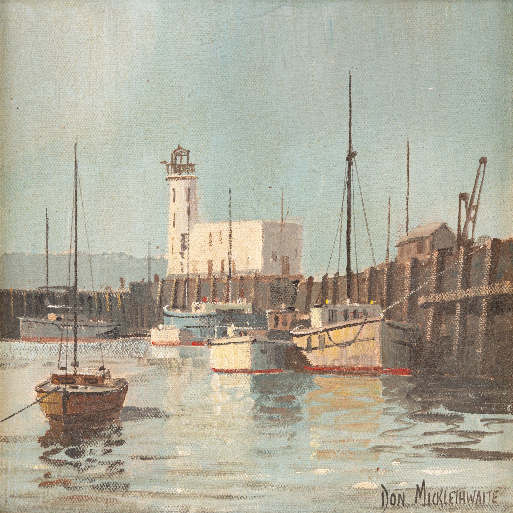 Don Micklethwaite (British 1936-): Scarborough Outer Harbour, oil on board signed 22cm x 22cm