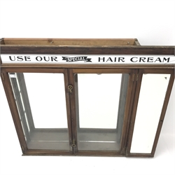 Edwardian mirror back barbers shop cabinet, enamel sign, two doors, single hinged mirror door, W115cm, H98cm, D16cm