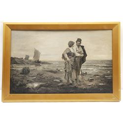 English School (19th century): Fishergirl and Courtier in a Coastal Landscape, oil on canvas en grisaille unsigned 30cm x 47cm