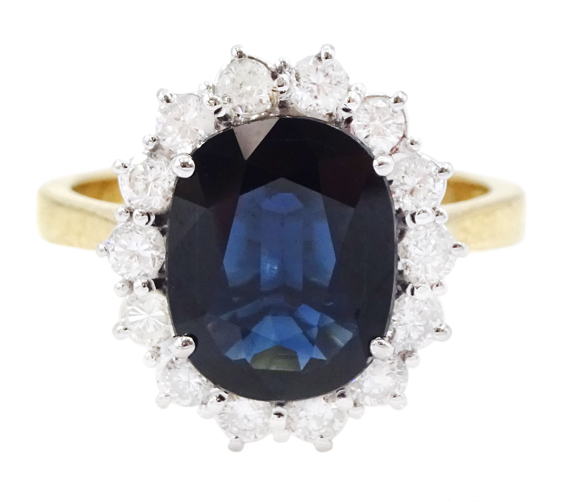 18ct gold oval cut sapphire and round brilliant cut diamond cluster ring, sapphire approx 3.30 carat, total diamond weight approx 0.85 carat