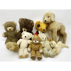Chad Valley soft toy as a standing lamb with musical movement H50cm; Chad Valley Chiltern teddy bear with plastic muzzle and feet and similar poodle dog; Chad Valley rabbit; other teddy bears by Deans, Merrythought and Lefray; and novelty teddy as a fox dressed as a huntsman (9)