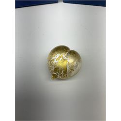 Two Art Glass Jonathan Harris vases, The first example of a baluster form, the second example of tapering cylindrical form,  each with iridescent decoration in tones of purple and blue, tallest example H18.5cm, each with makers box, together with a Isle of Wight glass paperweight. 