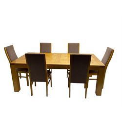 Large pippy oak rectangular dining table, square block leg, and six high back upholstered chairs, retailed by Chapmans of Newcastle