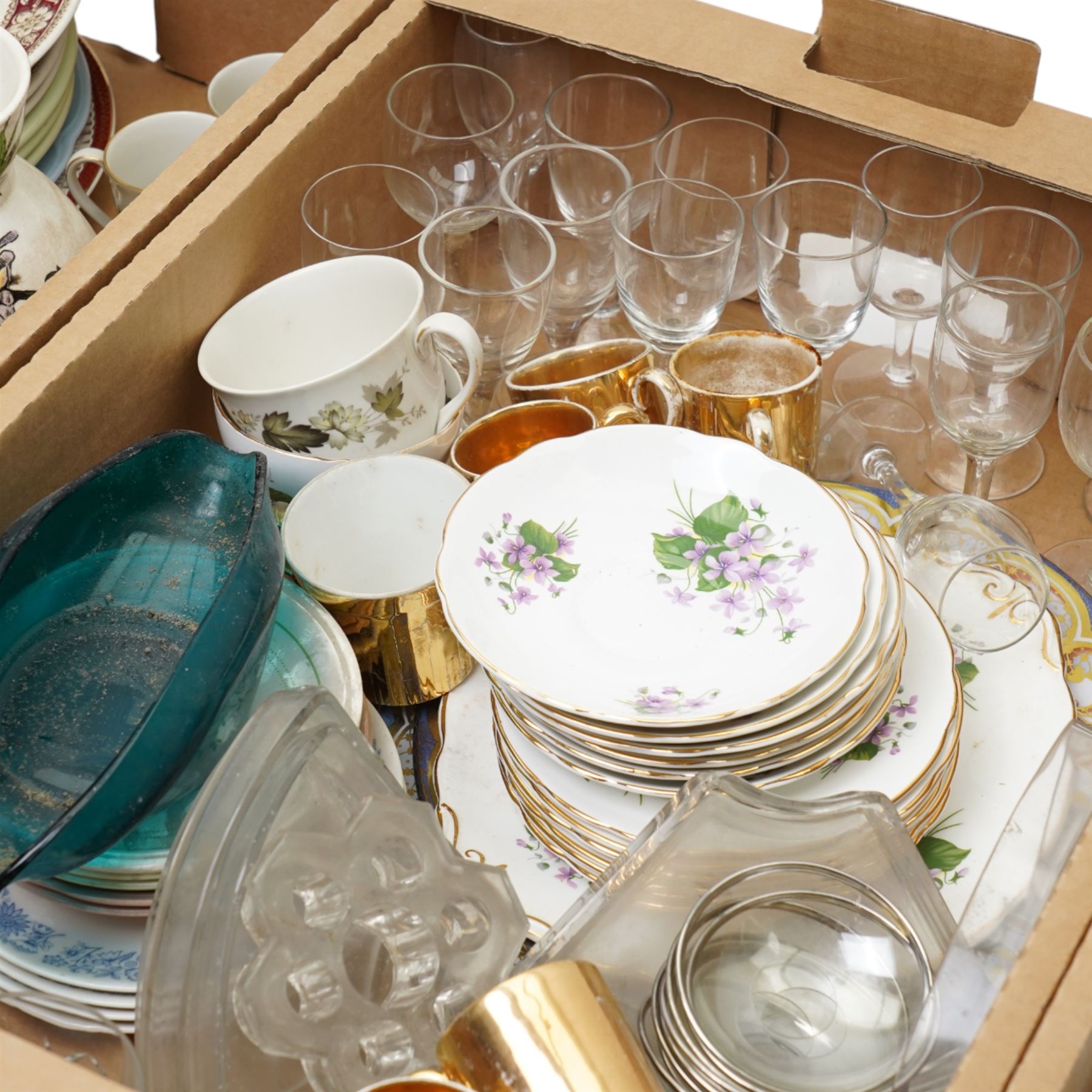 Mixed ceramics and glass, Fords China service and matched items, Victorian wash jug with botanic decoration, etched glass, etc, contents in three boxes