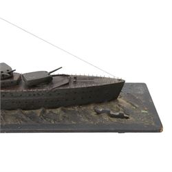  HMS Exeter, Waterline wartime metal model upon a wooden base, circa 1939-45, H24cm, L82cm  