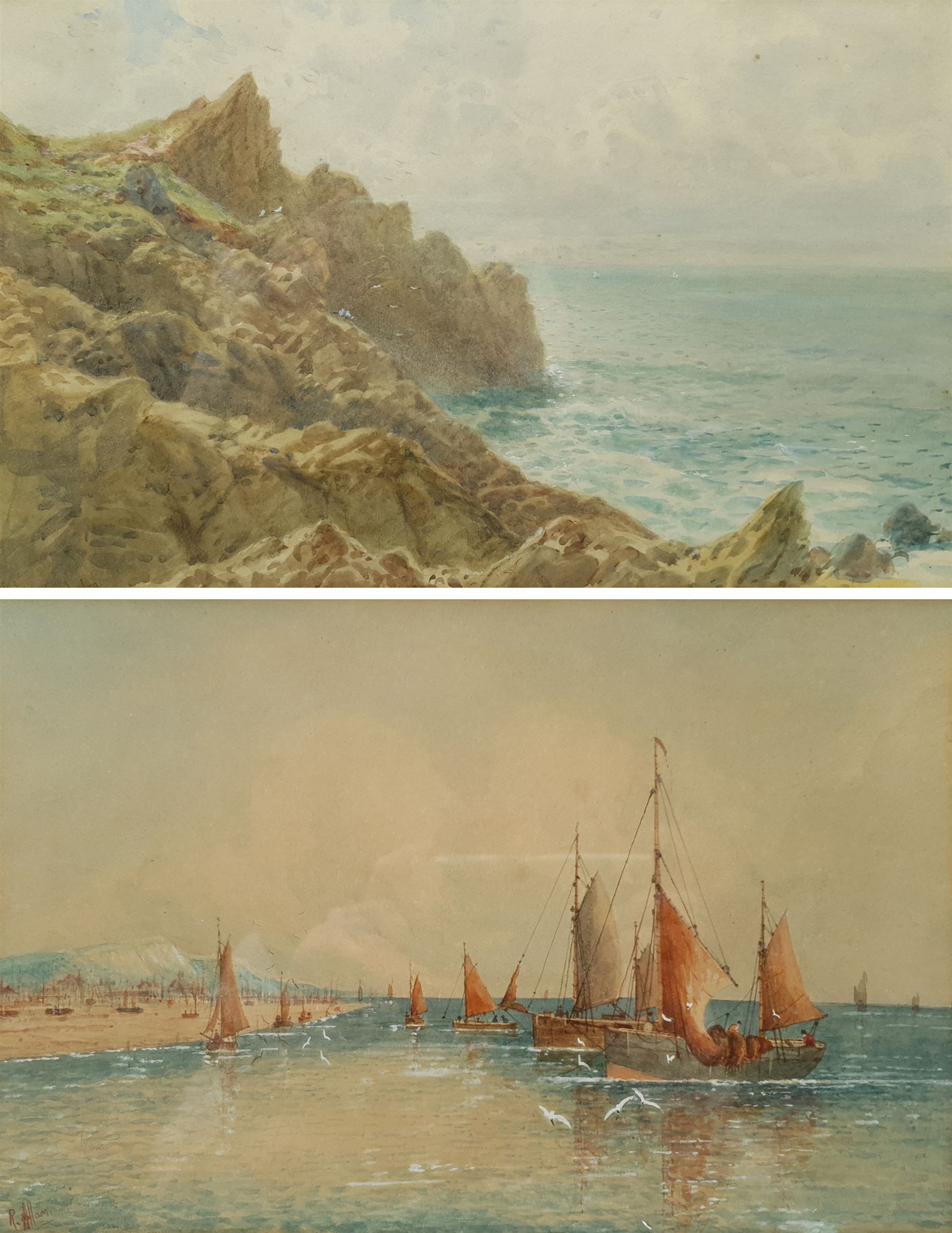 William Edward Croxford (British 1852-1926): Rocky Outcrop, watercolour heightened with white signed 28cm x 45cm; R Allam (British early 20th century): Shipping at Anchor, watercolour signed 20cm x 30cm (2)