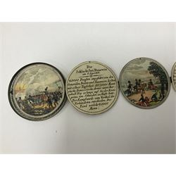 Grolier Club’s silver Schraubmedaille to commemorate the German campaign of 1813, obverse depicts a Greek temple, below “Eintracht Überwindet Alles”, the reverse depicts three figures and the text “Gerechtigkeit. Weisheit. U. Einigkeit. Beglücken. D.: Menschheit”, inside are twelve circular hand coloured engravings depicting six major battles of the German campaign, each with corresponding descriptions, D