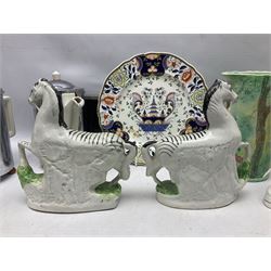 Stayhot teapot and coffee pot, with silver plate clad ceramic bodies, together with another similar coffee pot, jug and sucrier, Staffordshire style flatback figures comprising pair of zebras and cavalier type figure, Melba Ware woodland jug etc