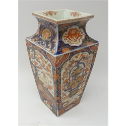  Japanese Meiji period Imari square section vase on hardwood stand, H30.5cm   
