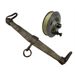 Milk maids yolk and  Large 19th century fishing reel, 500 yards, the crank handle marked USB, D22cm