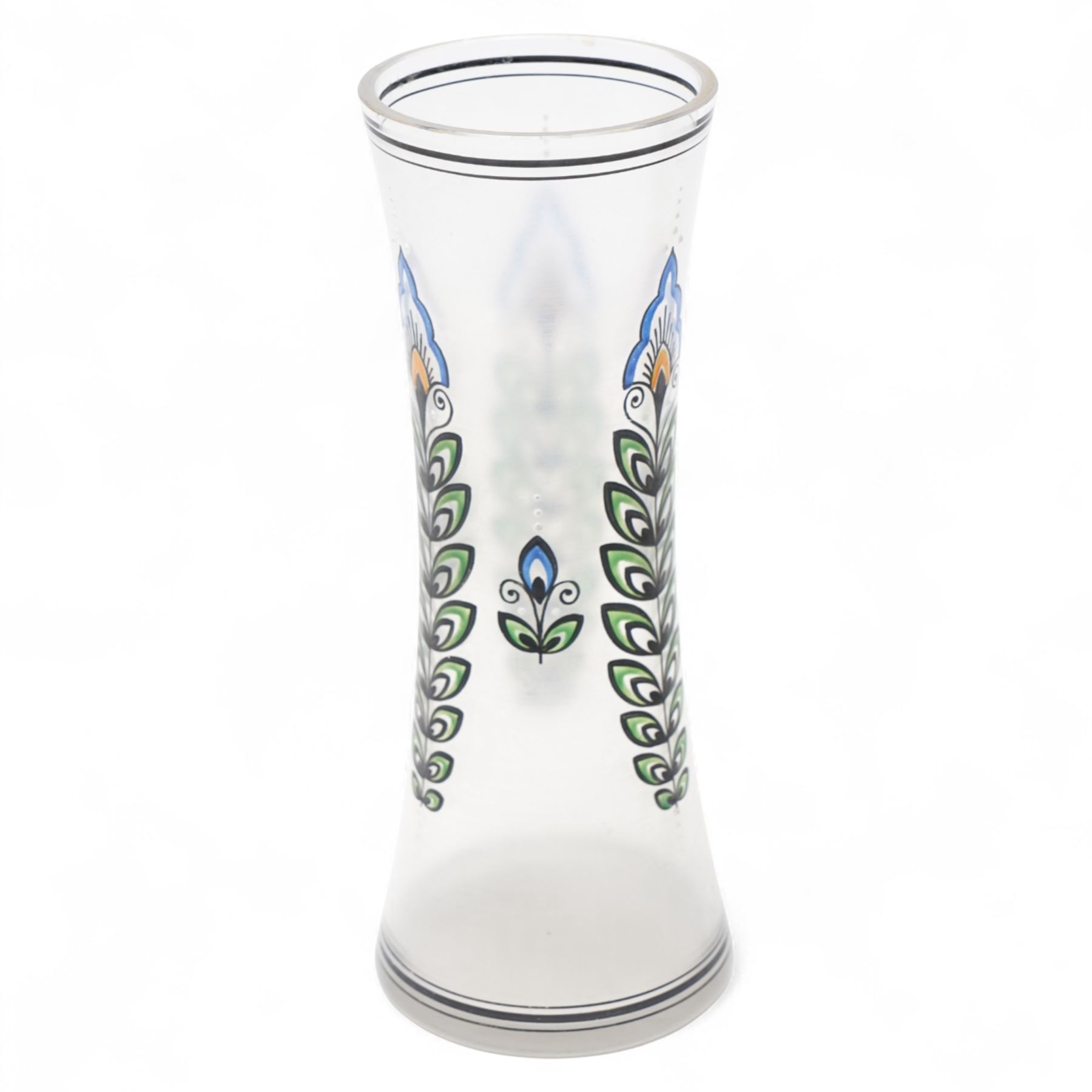 Pair of Art Deco glass vases, in the style of Haida Fachschule, with painted decoration, H25cm (2)