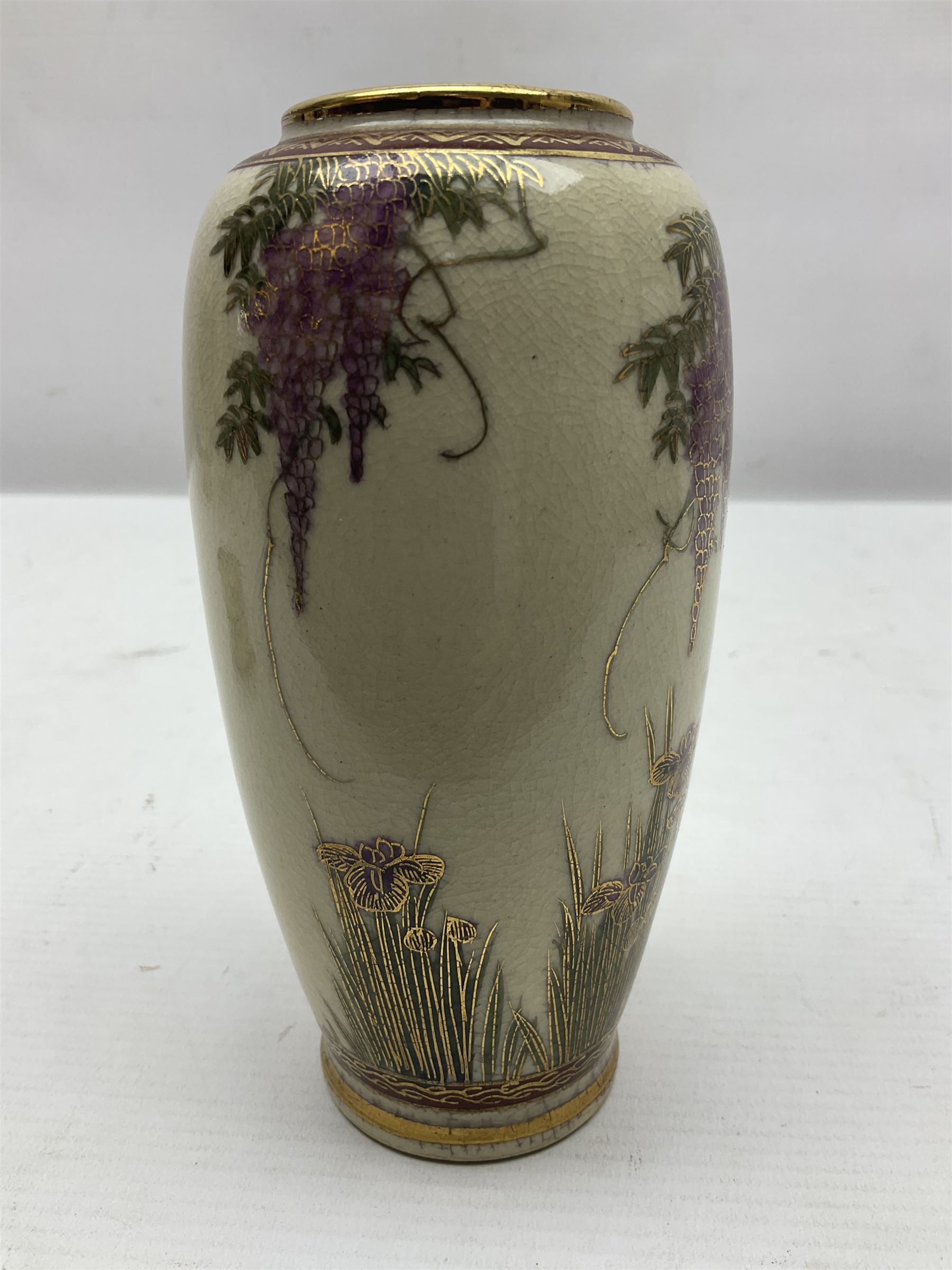 Japanese Satsuma Meiji period vase painted with a mountainous river landscape scene with wisteria and irises; together with a pair of similarly painted small dishes, signature beneath, vase H15cm