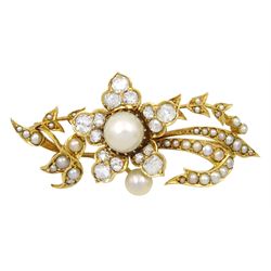 Early 20th century 18ct gold pearl and old cut diamond flower brooch, stamped 18.c, total diamond wight approx 2.60 carat