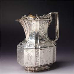 Victorian silver tea and coffee set engraved with classical urns, oval paterae and scrolling foliage, monogram and 'Diligentia et Honore' comprising teapot, tea kettle on spirit heater stand, coffee pot, two handled sugar bowl and cream jug Sheffield 1891 Maker John Round & Son Ltd