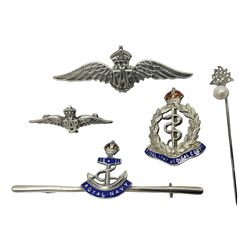 Five sterling silver sweetheart brooches - enamelled Royal Navy, enamelled RAMC, two graduated RAF and cultured pearl and paste flaming grenade stick-pin (5)