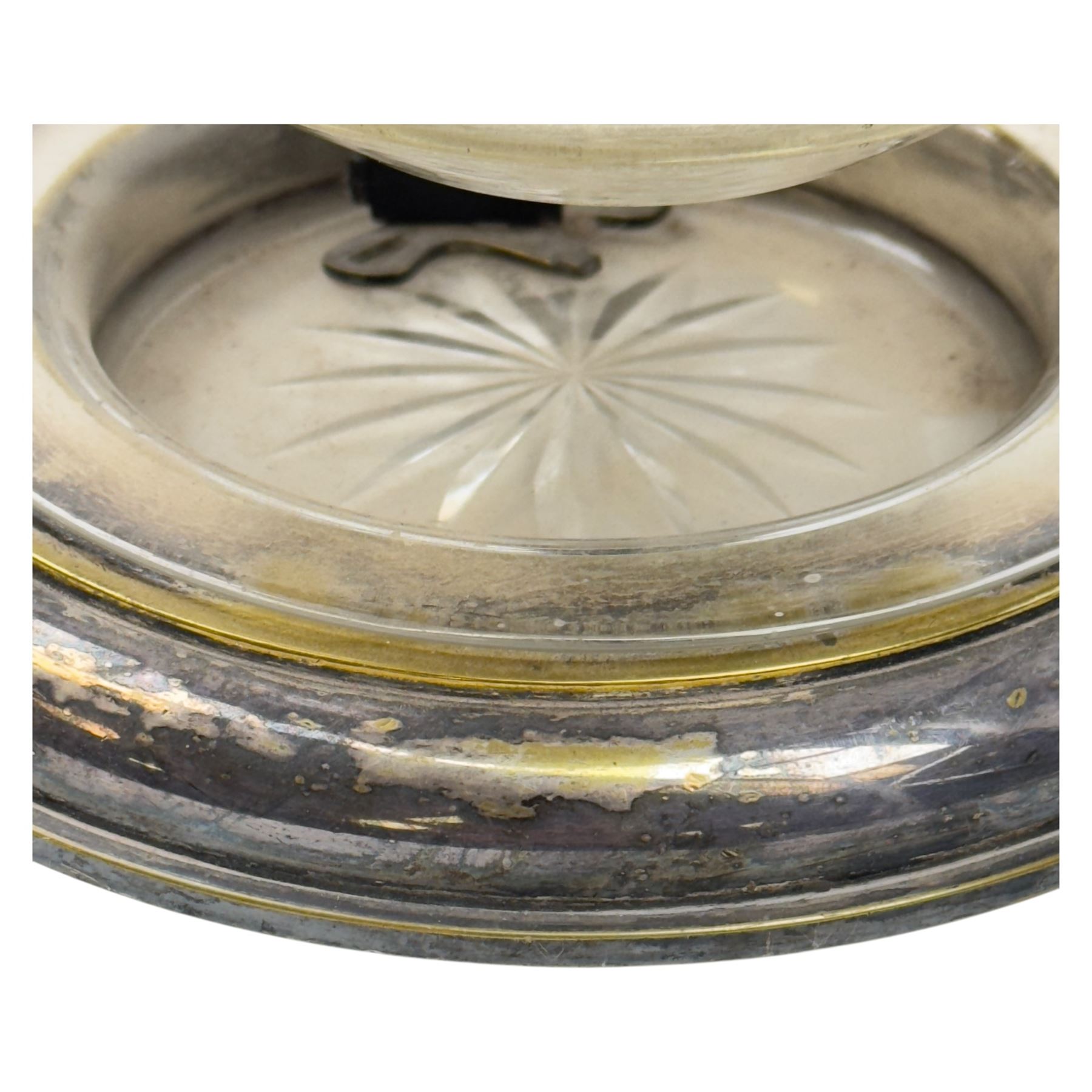 20th century Hinks student's oil lamp, silvered brass stand with faceted glass resovoir and green glass shade, H65cm