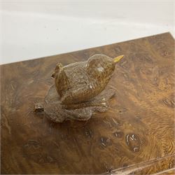 Wrenman - oak box of rectangular form, the burr lift off lid with carved wren signature upon oak leaf, by Bob Hunter of Thirlby