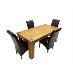 Oak rectangular dining table on square supports, together with set four high back dining chairs