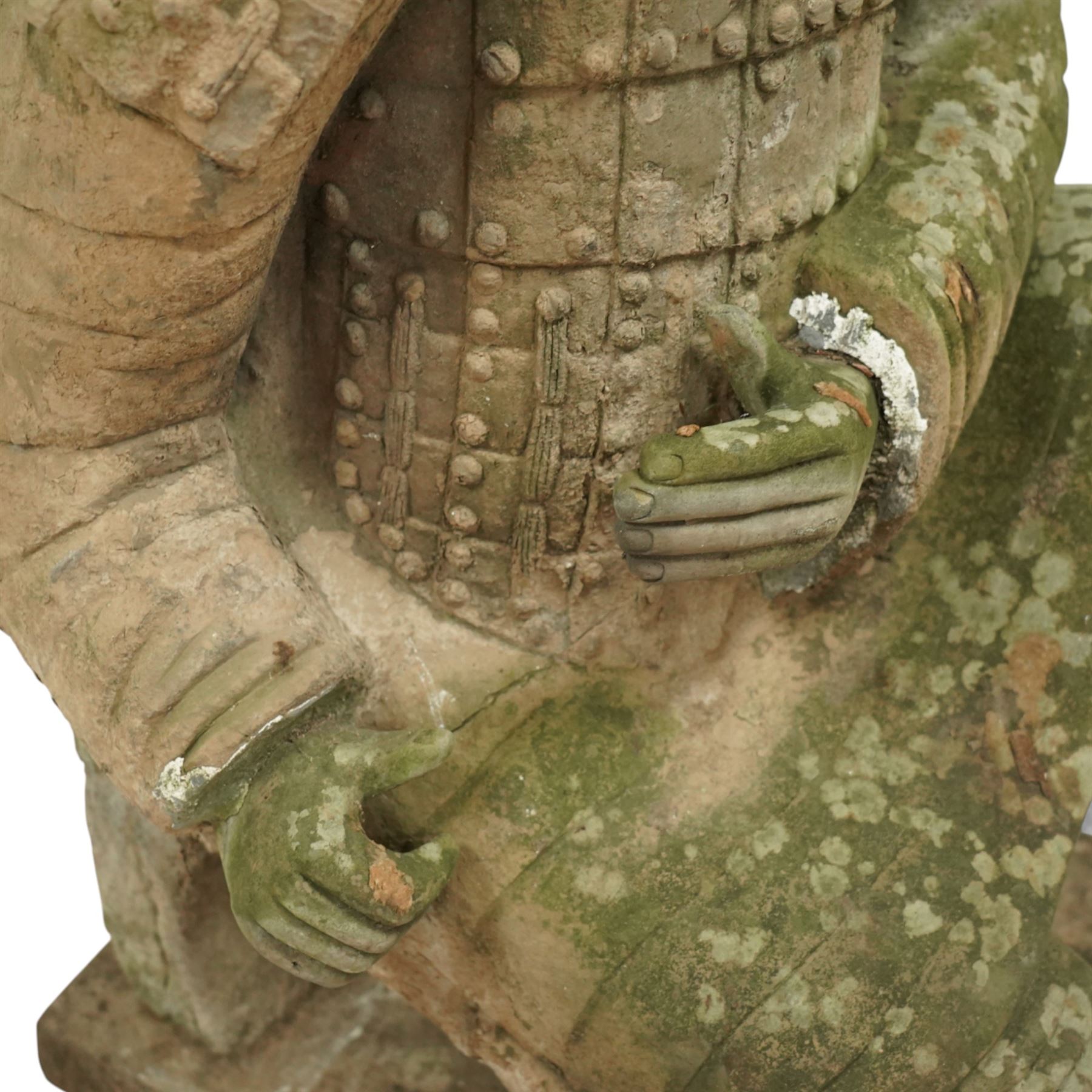 Two near life-size terracotta warrior figures, modelled in the style of the Qin dynasty soldiers, each kneeling with one arm raised, wearing detailed armour and tunics, one example partially damaged and lacking sections