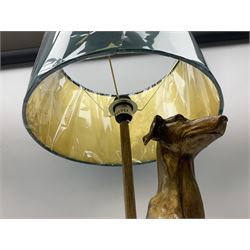 Composite table lamp, modelled as a gilt seated whippet, with teal velvet shade, H71cm
