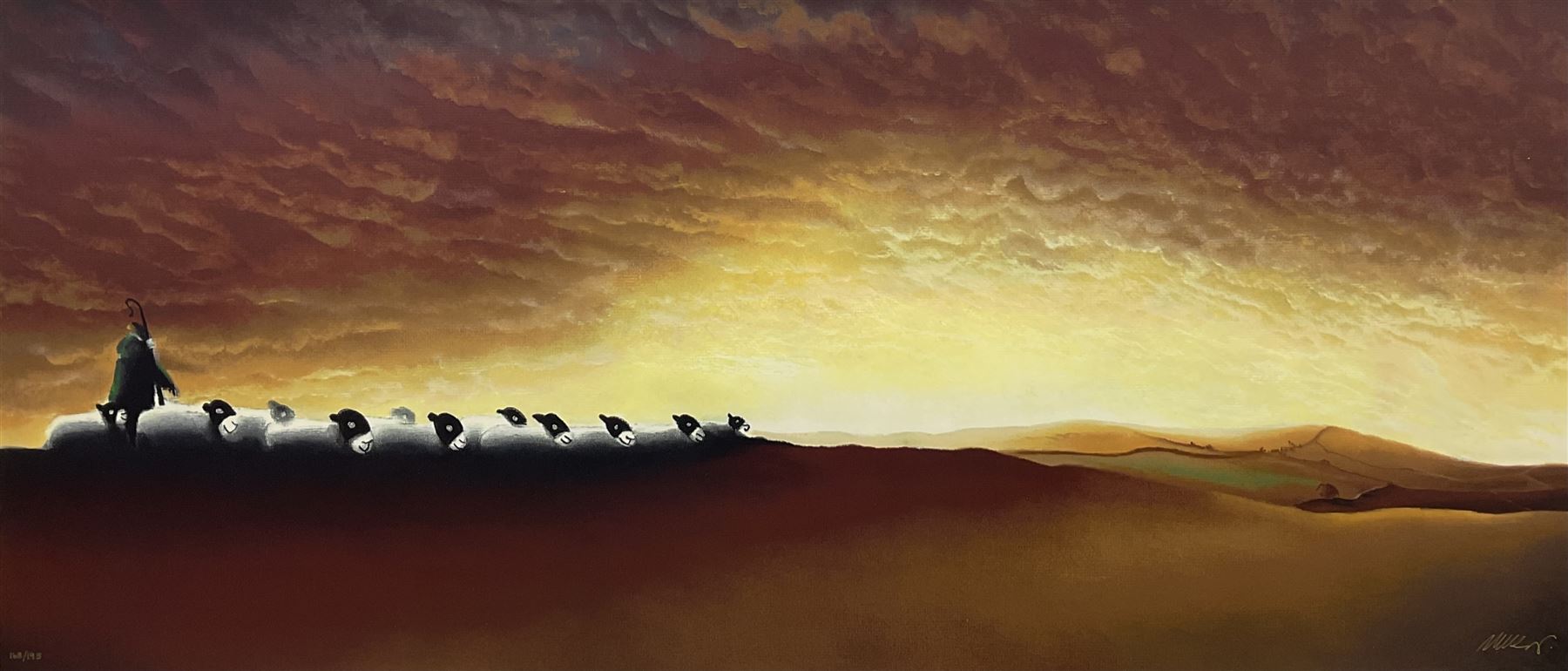 Mackenzie Thorpe (British 1956-): 'Through Till Dawn', limited edition silk screen print signed and numbered 168/195, with certificate, 49cm x 113cm