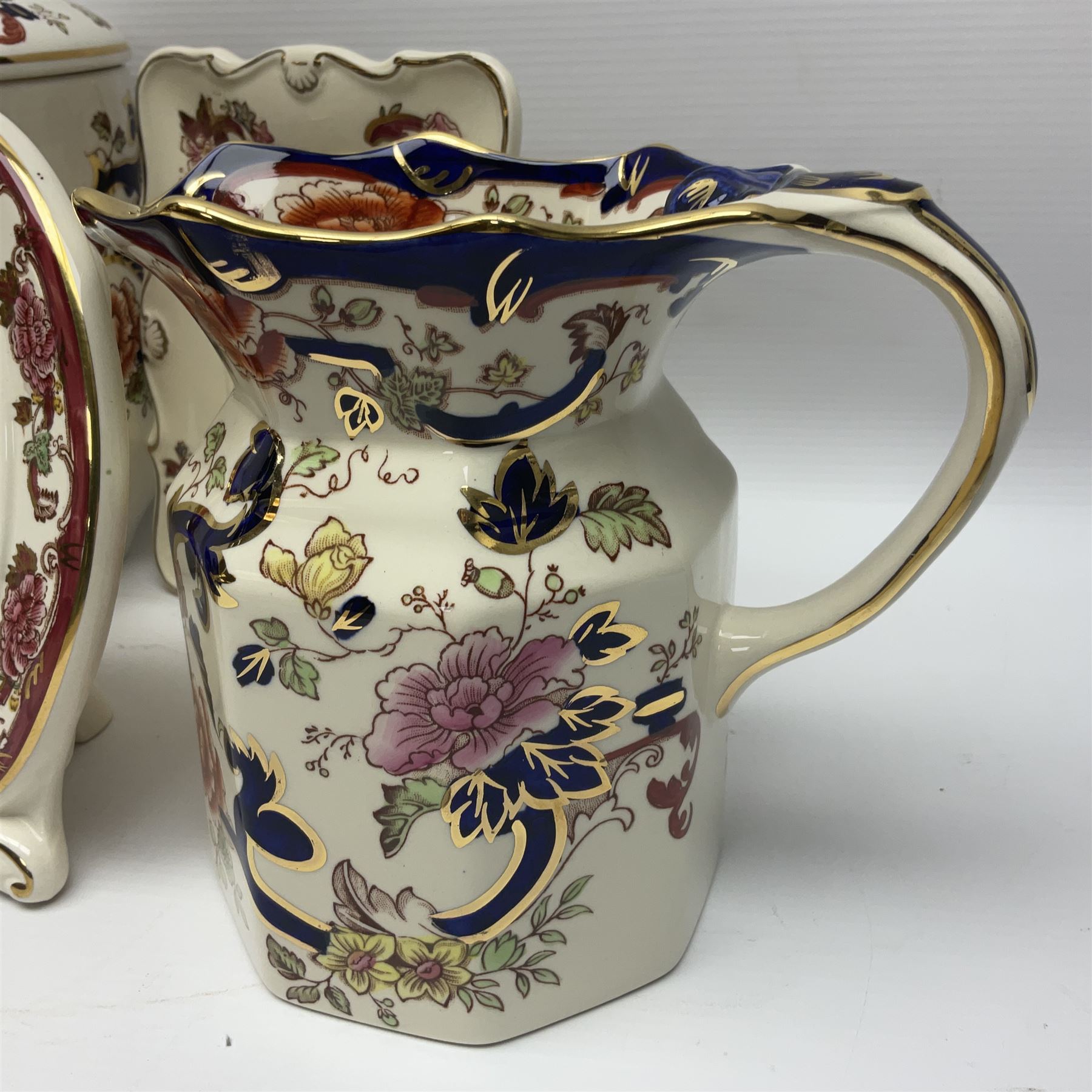 Masons Ironstone in the Mandalay pattern stepped dish, vase, jug , covered jar and two picture frames 